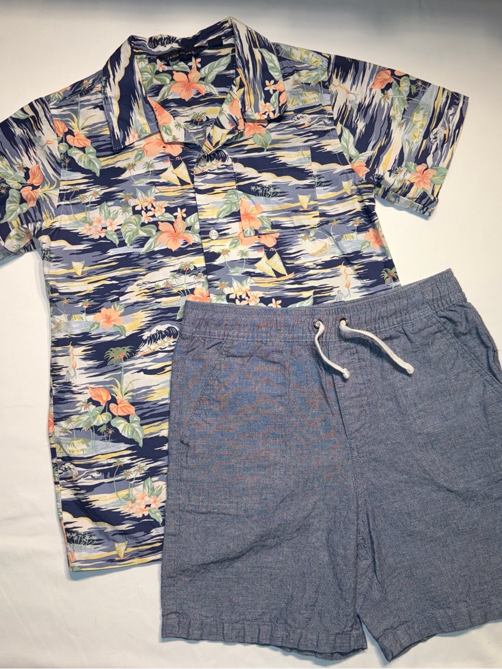 Janie and Jack Floral Button-Up W/ matching drawstring waste Linen blend shorts